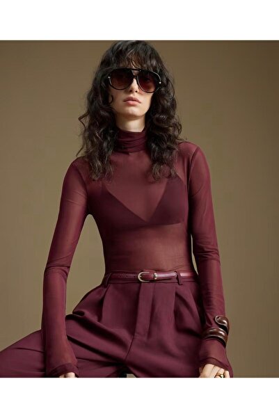 OEM Bluză Damă Mesh Semi-Transparentă Bordo, Guler Înalt, Mâneci Lungi – Slim...
