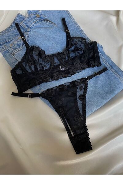 Gold Night Γυναικείο Μαύρο Δαντελένιο Διαφανές Σετ Σουτιέν Φανταχτερά Εσώρουχα