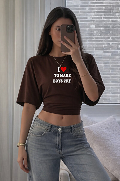 COMBİNE MİCHAİL Women's Boys Cry Printed Coffee Color Slim Crop Blouse