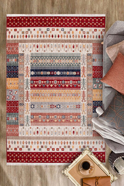 Modern Etnik Desenli Dokuma Taban Kaymaz Özellikli Oturma Odası, Salon ve Mutfak Halısı