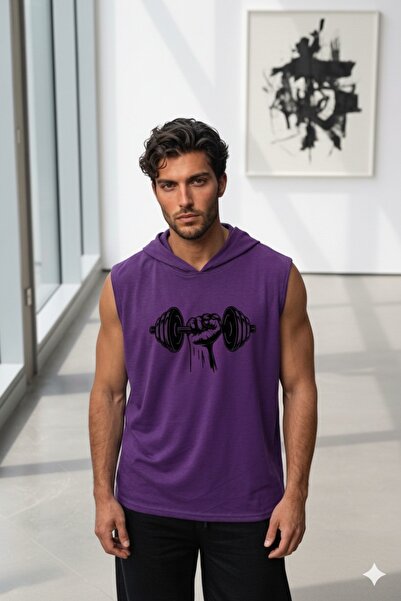 CAST COLLECTİON Men's Purple Sleeveless Hooded Wide Fit Dambıl Printed Sports...
