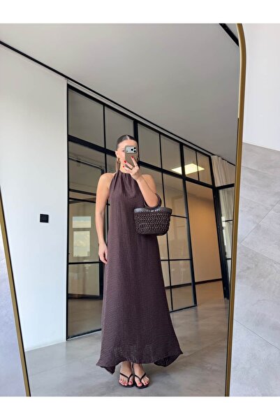 BB Bensu Buyruk Λινό μάξι φόρεμα με δέσιμο στο λαιμό, καφέ χρώμα