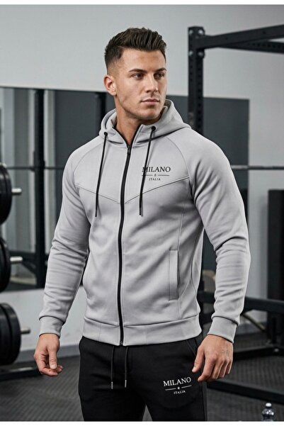 NOFLEN Γκρι μπουφάν σκούμπα με στάμπα Milano και τσέπες με φερμουάρ