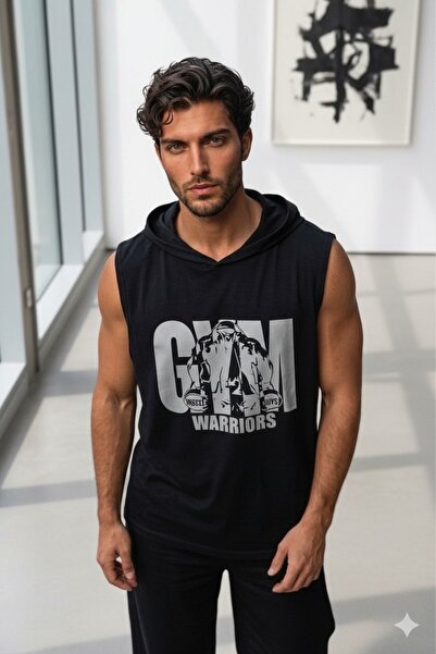 CAST COLLECTİON Men's Black Gym Warriors Printed Sleeveless Hooded Wide Fit A...