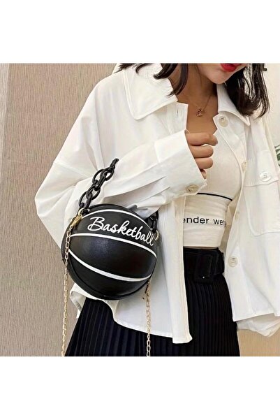 OEM Geantă damă tip crossbody „Basketball” neagră, design rotund, curea lanț ...
