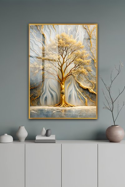 kutuTR Gold Alüminyum Çerçeve Ağaç Figürü ve Mermer Desen Temperli Cam Tablo ...