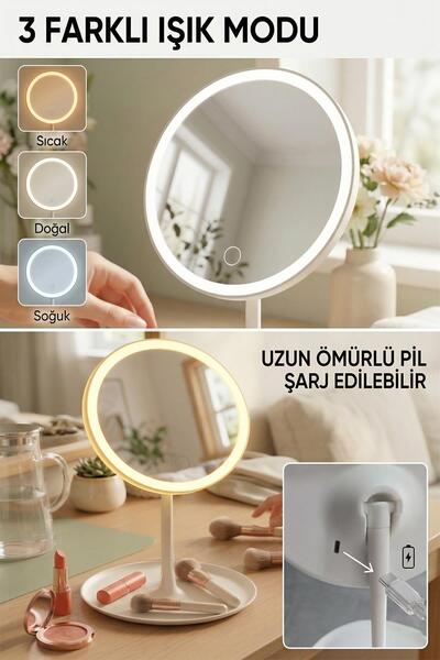 HomeTarz Ledli Yuvarlak Ayna Işıklı Mini Makyaj Aynası 3 Farklı Işık Modu 18 CM