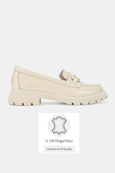 TUNAELLİ Women's Beige Patent Leather Genuine Natural Leather Daily Loafer Sh...
