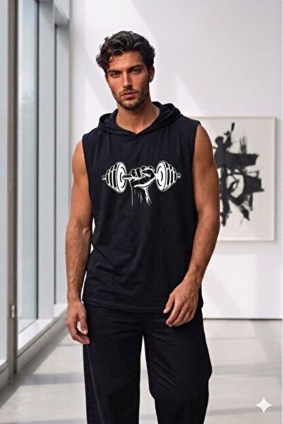 CAST COLLECTİON Men's Black Sleeveless Hooded Wide Fit Dambıl Printed Sports ...