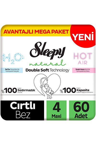 Sleepy Natural Double Soft Avantajlı Mega Paket Bebek Bezi 4 Numara Maxi 60 Adet