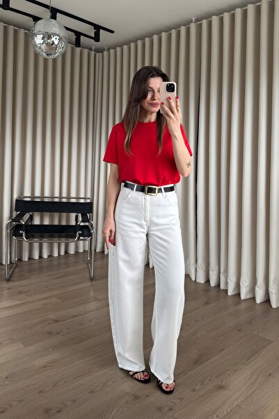 Sue Store Λευκό ψηλόμεσο φαρδύ παντελόνι με ζώνη