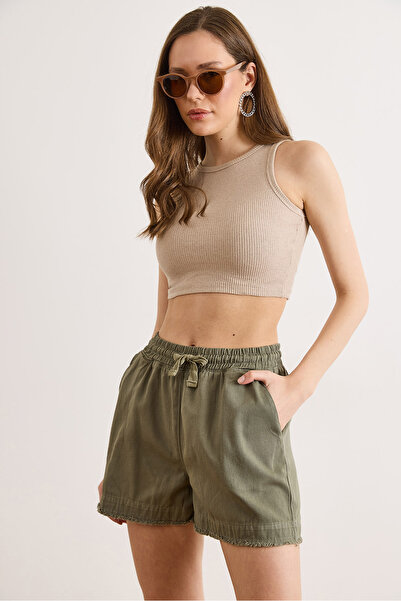 Olalook Women's Khaki Tassel Pocket Cotton Washed Shorts Shrt-19000086