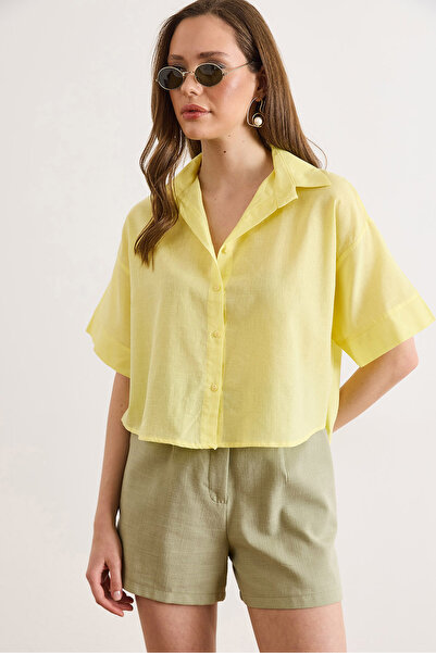 Olalook Γυναικείο κίτρινο οβάλ πουκάμισο από βαμβακερό φλαμ με χαλαρή εφαρμογ...
