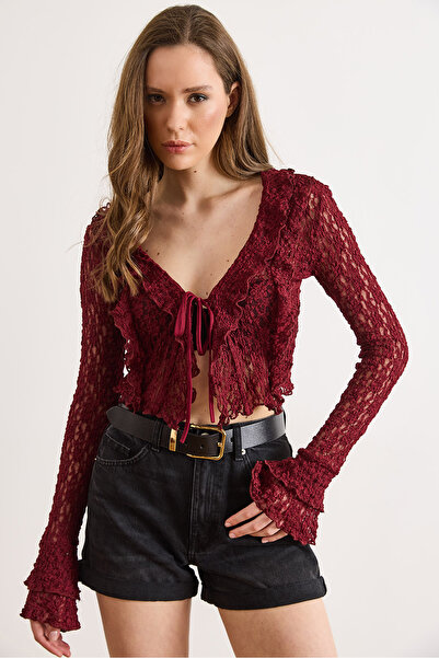 Olalook Γυναικεία μπλούζα μπορντό με λεπτομέρεια δαντέλας Boho BLZ-19003228