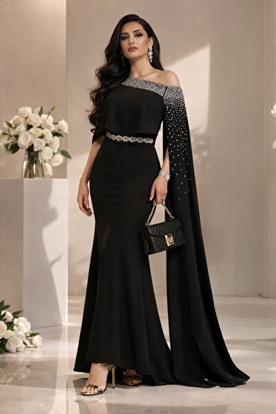 FRIST STYLE فستان تركي سهرة باللون الأسود مزين بالكريستال