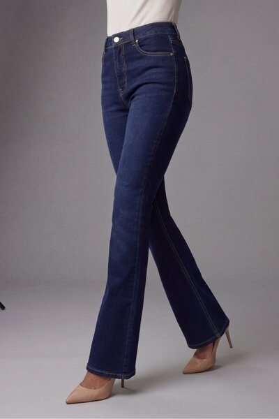 Lavix Mavi Kadın Yüksek Bel Jean Pantolon İspanyol Paça Rahat Kalıp Denim