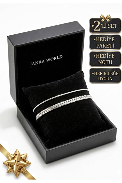 JANRA WORLD Set of 2 Silver Color Stainless Steel Bracelets Adjustable Non-Ta...