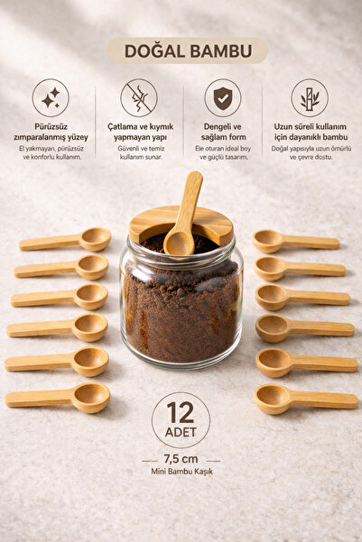 Mottogo 12’li Bambu Baharat Kaşığı 7,5 cm Mini Kahve Kaşığı Kaşık Seti