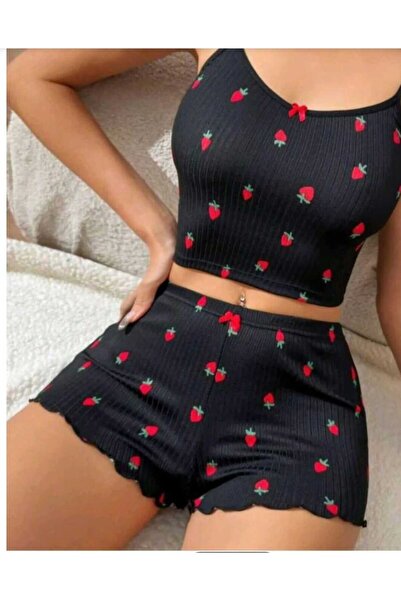 LİA Underwear طقم بيجامة قصيرة بحمالات بنقشة الفراولة السوداء