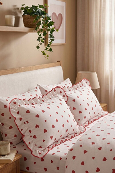 NANOSOFT Fırfırlı Kırmızı Kalpli Premium Loves Çift Kişilik Nevresim Seti 200x220 cm