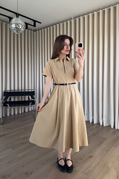 Sue Store Γαλακτερό καφέ φόρεμα μίντι με φερμουάρ και τσιμπίδες στο λαιμό