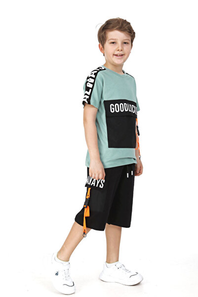 İrem Çocuk Giyim Boy's Good Luck Lettering Patterned Green Color Shorts Set w...
