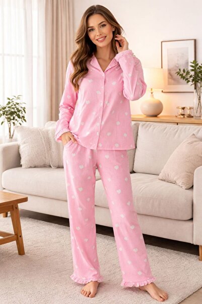 lindros Γυναικείο σετ πιτζάμες με μακρυμάνικο ροζ ύφασμα με σχέδιο καρδιάς, ά...