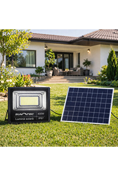 Razo Proiector solar 400W model mic, IP67, Telecomandă, Iluminare puternică, Panou solar inclus