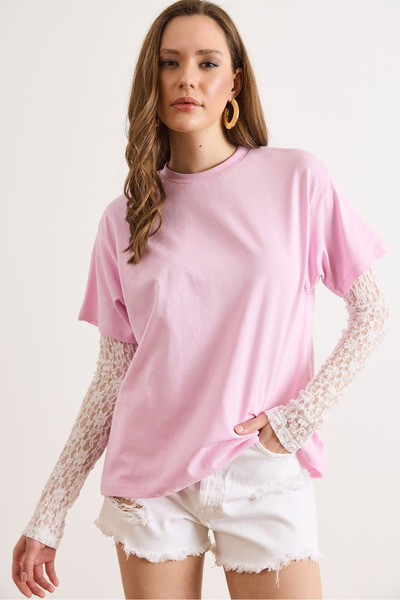 Olalook Γυναικείο βαμβακερό μπλουζάκι με ροζ δαντέλα και λεπτομέρειες στο μαν...