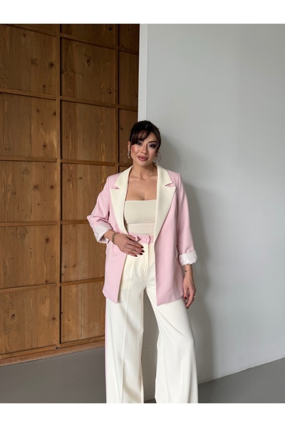 HOEK Women's Cream-Pink Oversize Blazer Jacket Palazzo Trousers Suit