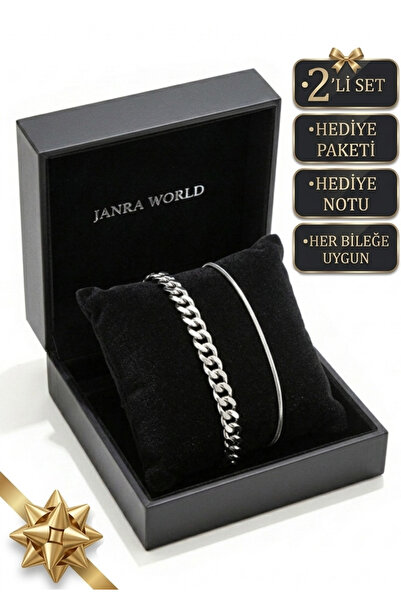 JANRA WORLD Set of 2 Silver Color Stainless Steel Bracelets Adjustable Non-Ta...