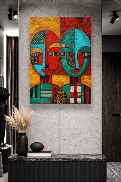 DEKORTR Boho Etnik Maske Desenli Soyut Figür Kanvas Tablo Renkli Modern Duvar...