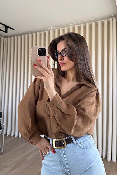 Sue Store Πουκάμισο από ύφασμα Modal σε χρώμα καμηλό, oversized