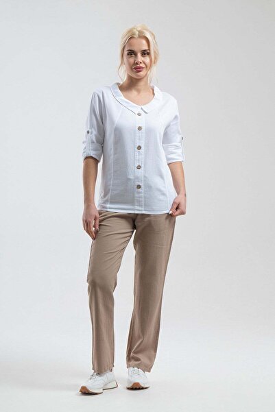 Bold & Young Γυναικεία λευκή βαμβακερή μπλούζα με γιακά κούκλας και κουμπιά B...