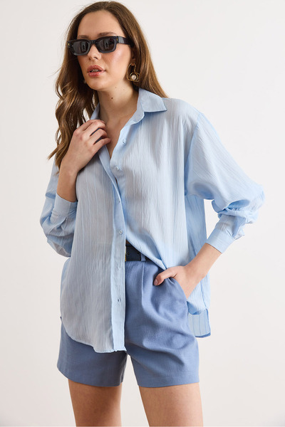 Olalook Women's Baby Blue Textured Striped Boyfriend Shirt Gml-19001435