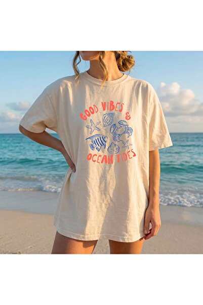 Kadın Tişört Yazlık Pamuk Beyaz Basic T-Shirt Tatil Temalı Minimal Kadın Tişört