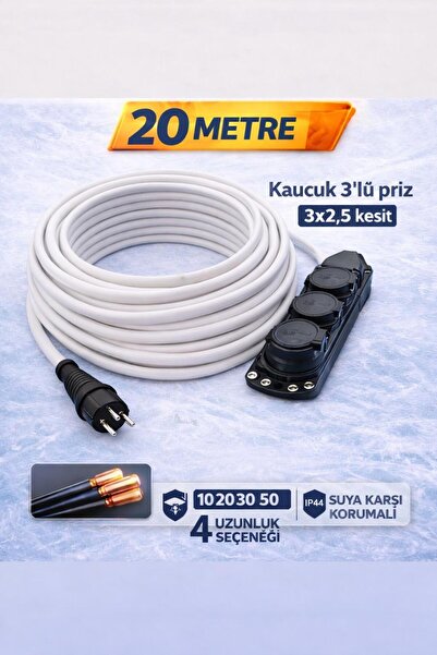 paşalıhome Kauçuk 3'lü Priz Seyyar Uzatma Kablosu | 3x2,5 mm Kesit | IP44 Suy...