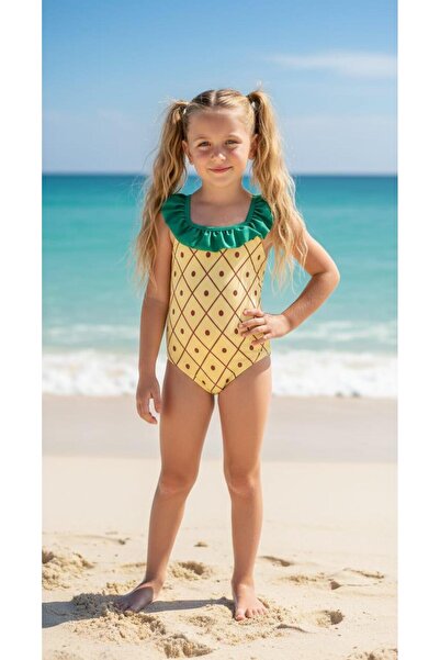 Chicsy Baby Devojčin kupaći kostim sa ananas uzorkom i volanima, žuto-zeleni,...