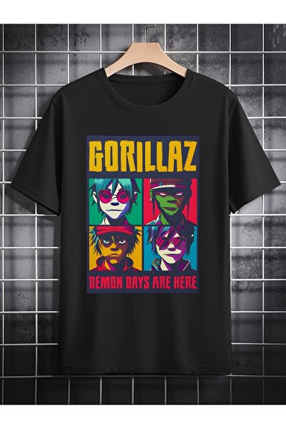yiou trendy clothing تي شيرت رجالي أسود مطبوع - تصميم فرقة GORILLAZ، يتميز بأ...