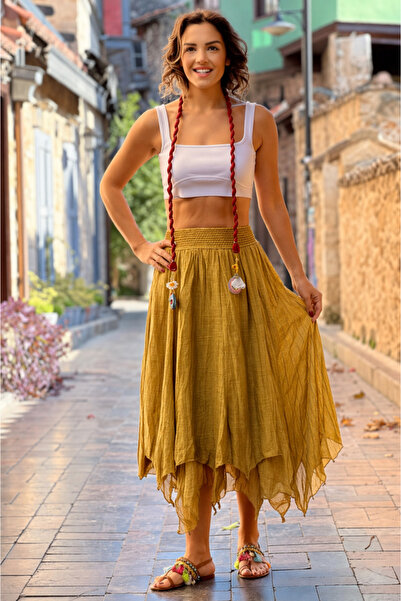 Nevin Kaya Moda Φούστα μάγισσας σε χρώμα μουστάρδας με επένδυση από 100% βαμβάκι