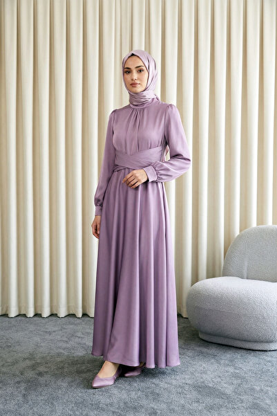 MODAQU Cross-Tied Collar Satin Evening Dress -Dusty Rose