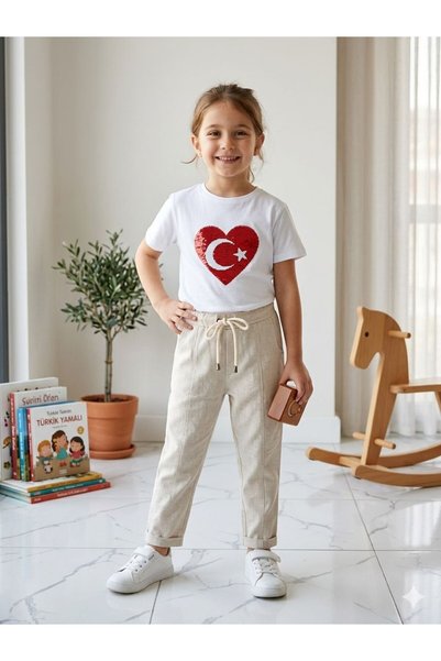 Zelhankids طقم تي شيرت مكون من قطعتين مطبوع عليه علم تركيا مع بنطلون كتان