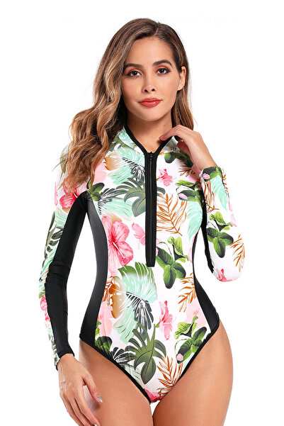 EFAYN.RO One-piece swimsuit, long sleeves, zipper closure, white with pink, s...