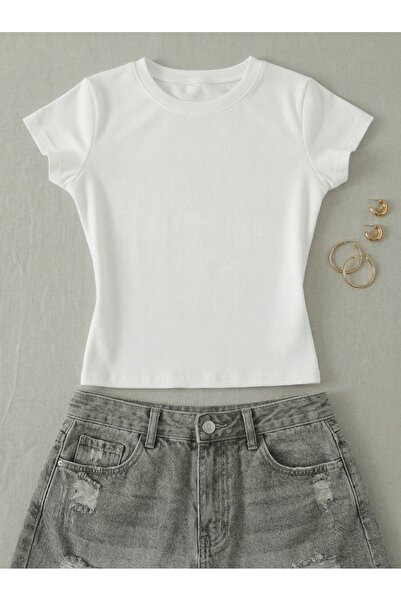 NİCE Γυναικείο μονόχρωμο μπλουζάκι χωρίς στάμπα - Κοντομάνικο μπλουζάκι Lycra