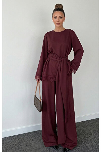 My Blog Σετ Μπλούζα-Παντελόνι με Δαντέλα και Κορδέλα σε Βουργουνδί - 8006