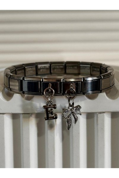 bijoux uniques taşlı kurdele E harfli çelik italyan bileklik