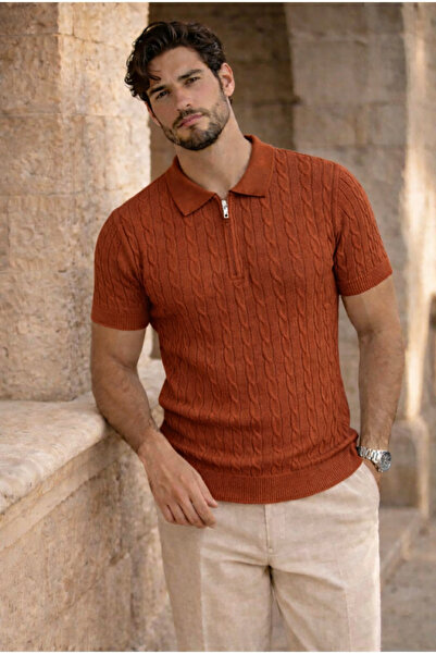 pepule Erkek SaçÖrgülü Fermuarlı Polo Yaka Triko Tişört Slim Fit