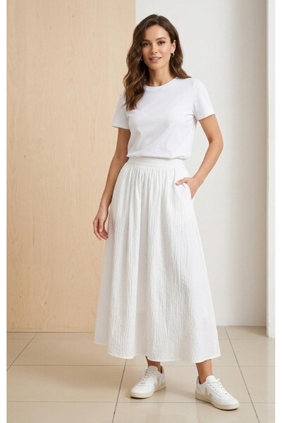 MONAMORE Γυναικεία λευκή φούστα Müslüm Kloş με ελαστική πλάτη, πλενόμενη και ...