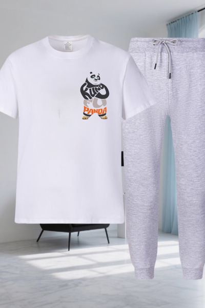 Joetsu Panda Printed T-Shirt - Jogger T-Shirt Crew Neck Bottom Top Tracksuit Set