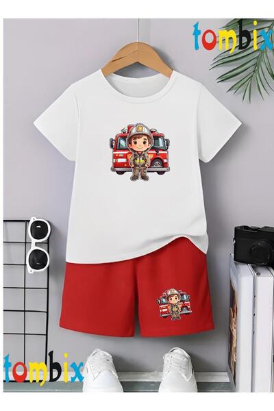 tombix Firefighter Children's Printed T-Shirt Shorts Summer Children's Set